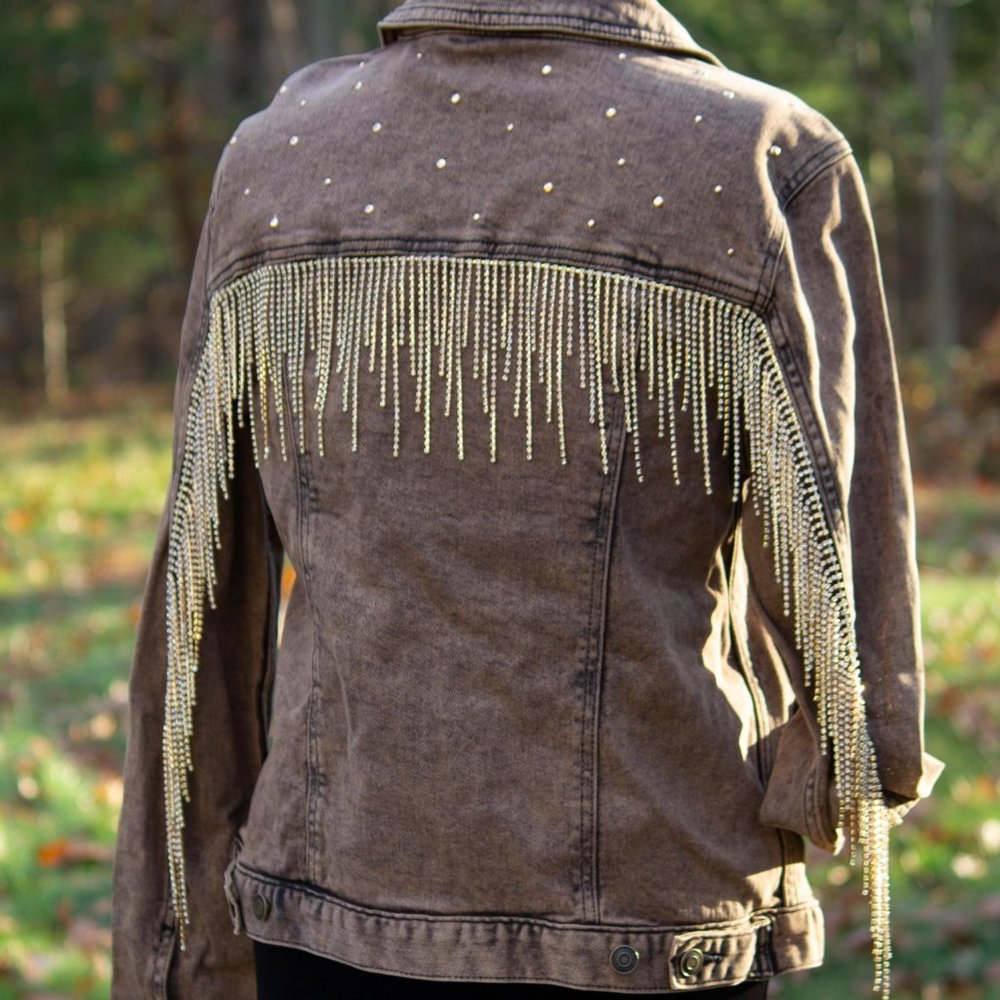 UPCYCLED Denim Rhinestone Fringe Jacket - Picture 4 of 10